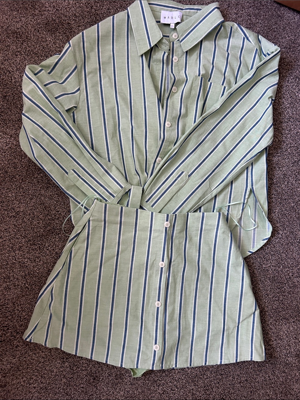 Mable New Green Striped Botton down Shirt and Skirt Set